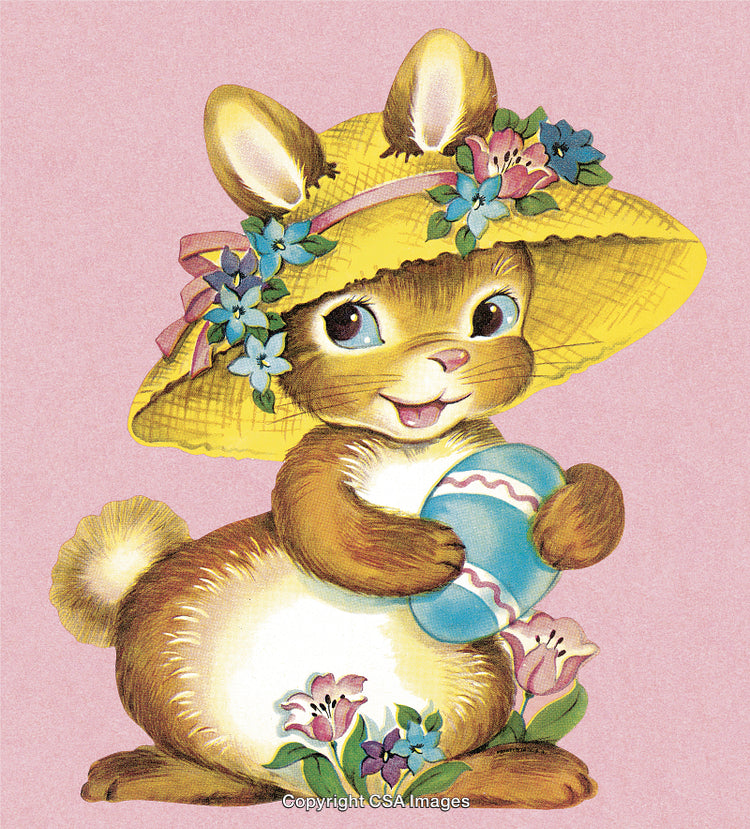 Cute Easter Bunny with Straw Hat Holding Decorated Egg