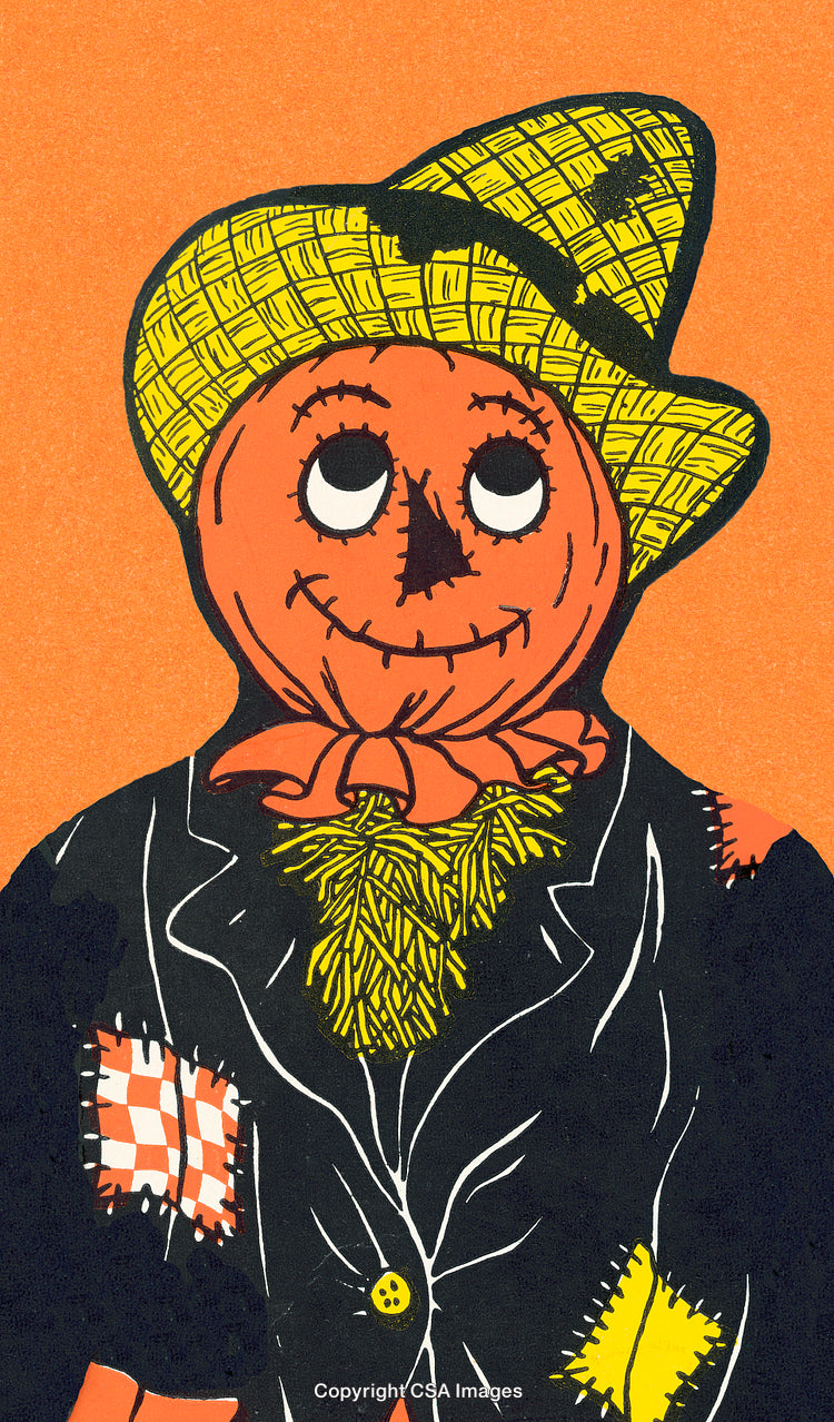 Cartoon Scarecrow Character Surrounded by Autumn Theme in Bright Colors