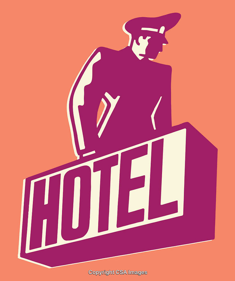 Retro Style Illustration of Hotel Sign with Bellhop Man in Bold Colors