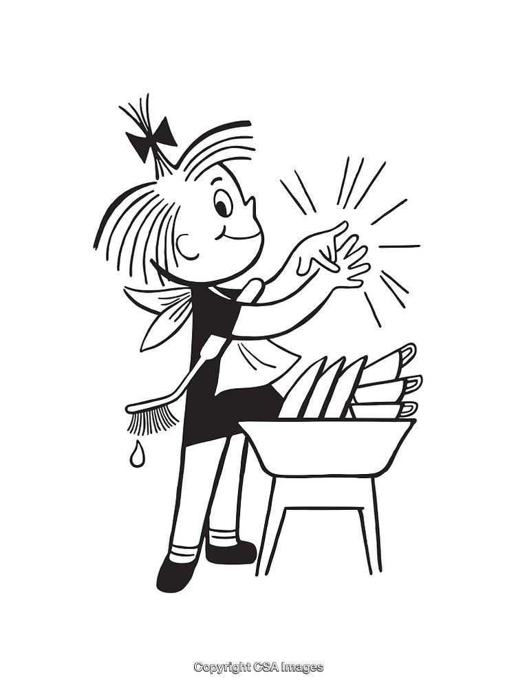Vintage Illustration of a Girl Washing Dishes in Black and White