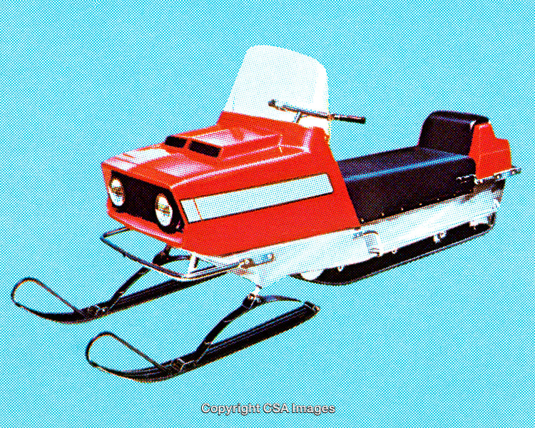Vintage Red Snowmobile with Dot Screen Effect on Blue Background