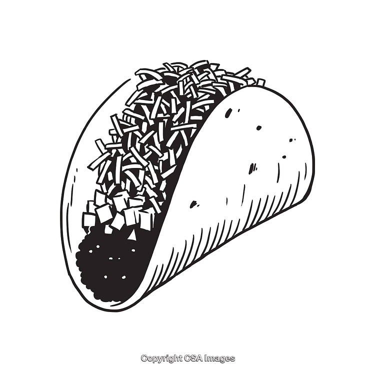 Black and White Line Art Illustration of a Taco with Detailed Toppings