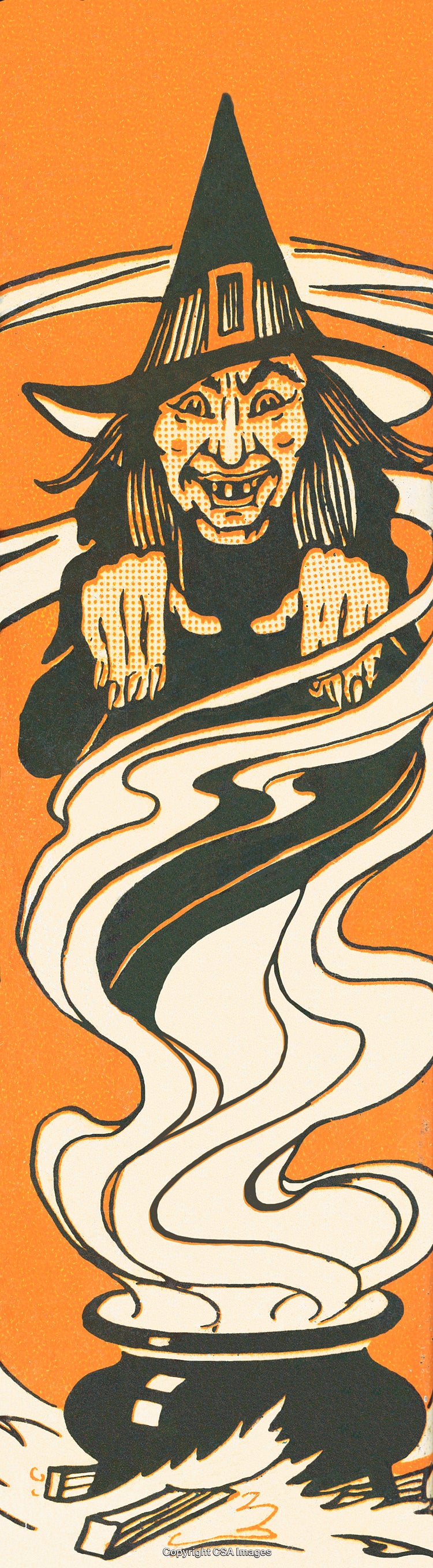 Retro Halloween Illustration Featuring a Classic Witch and Smoking Cauldron