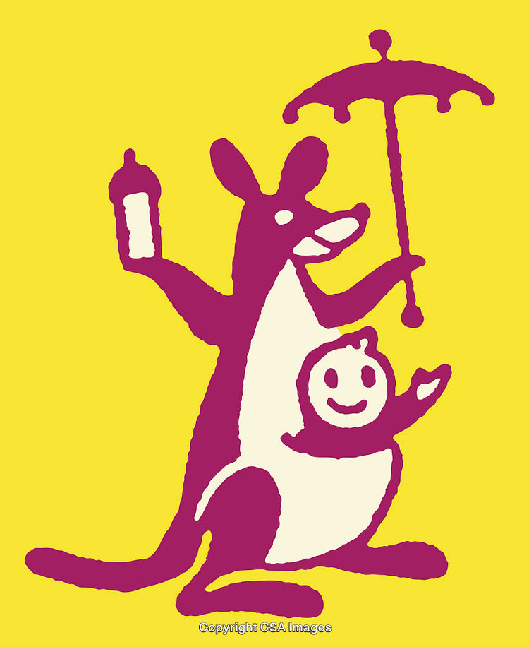 Colorful Kangaroo Illustration with a Baby, Bottle, and Umbrella on Yellow Background