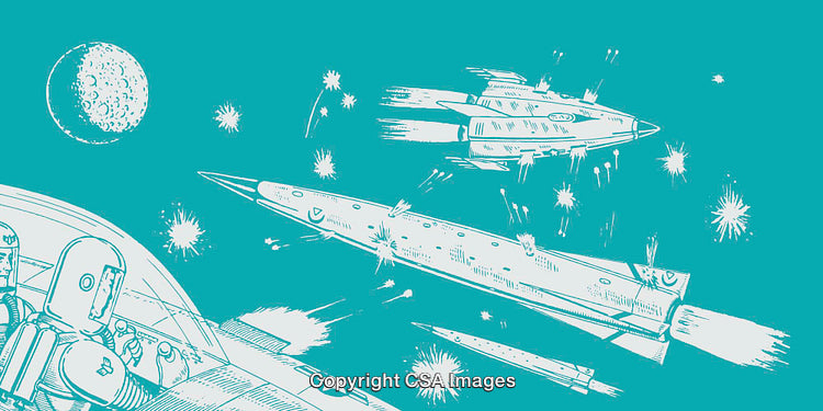 Futuristic Space Battle Illustrated in Retro Style with Rockets and Astronauts
