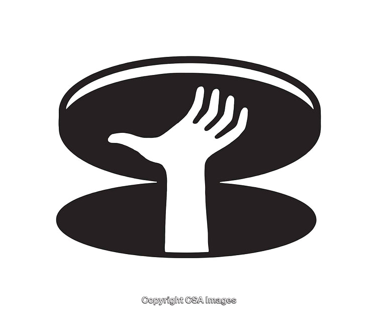 Black and White Line Art of Hand Emerging from Capsule