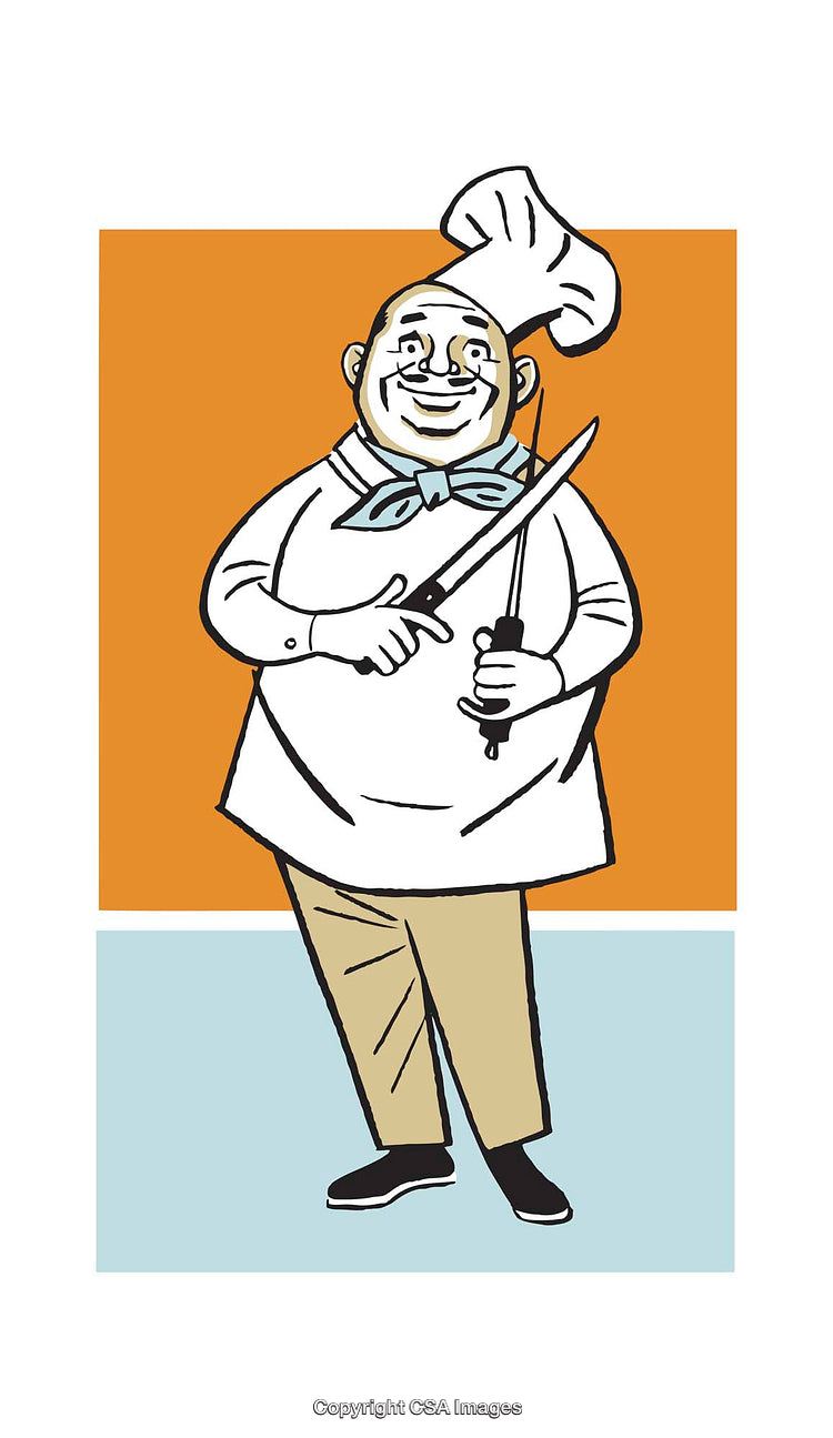 Cheerful Chef Illustration Sharpening Knife in Cartoon Style