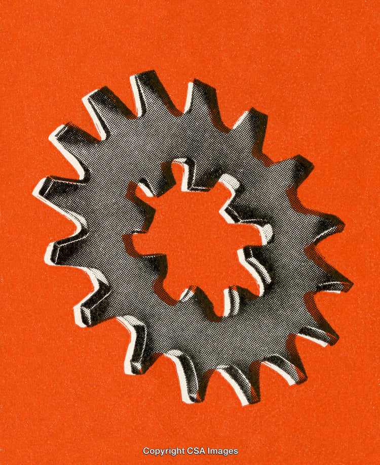 Close-Up of Interlocking Metal Gear on Bright Orange Background