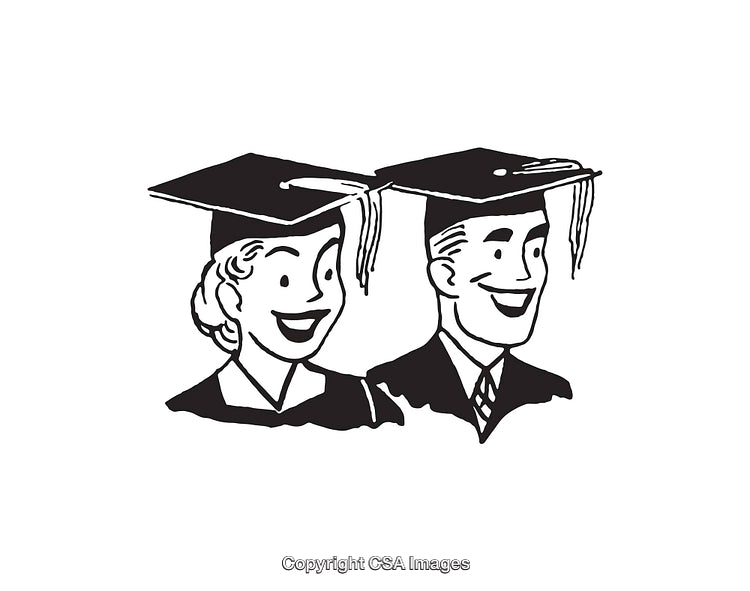 Black and White Line Art of Smiling Graduates in Caps and Gowns