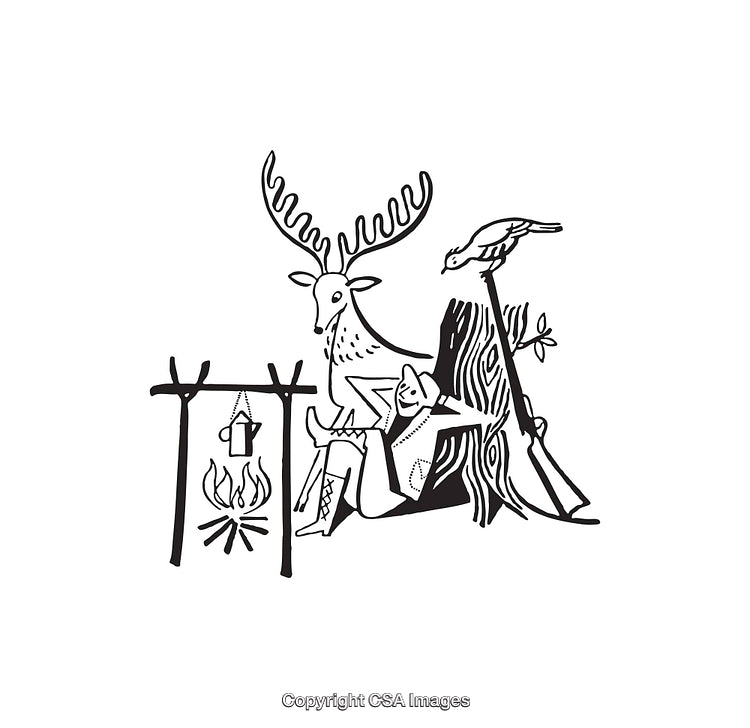 Line Art of a Camper, Deer, and Campfire in a Wilderness Scene