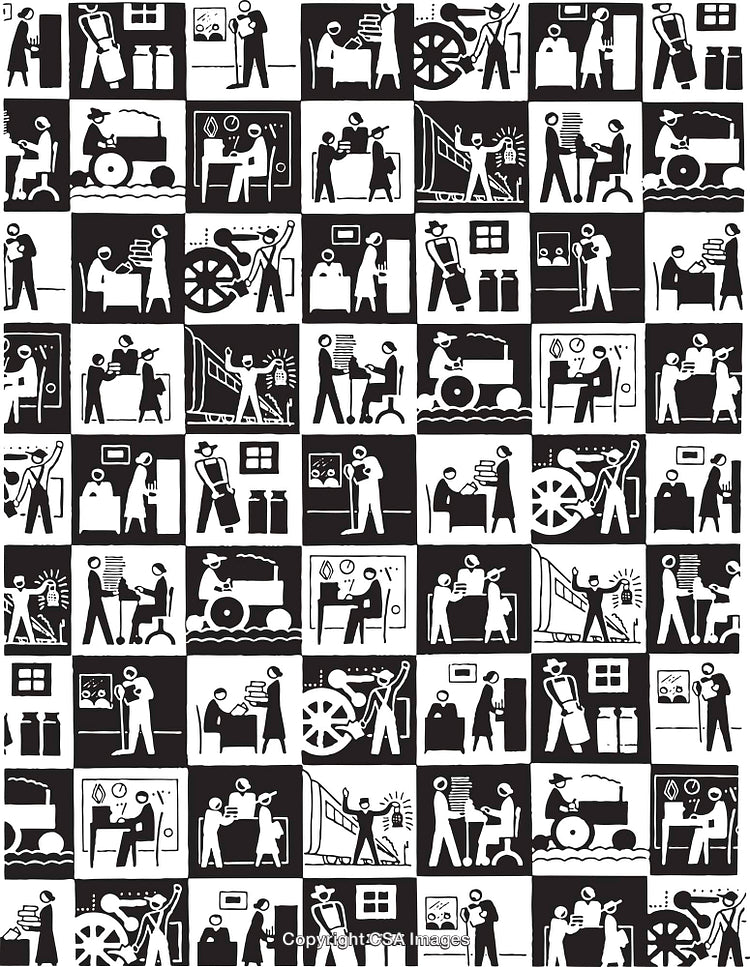 Black and White Patterns Illustrating Diverse Activities and Concepts