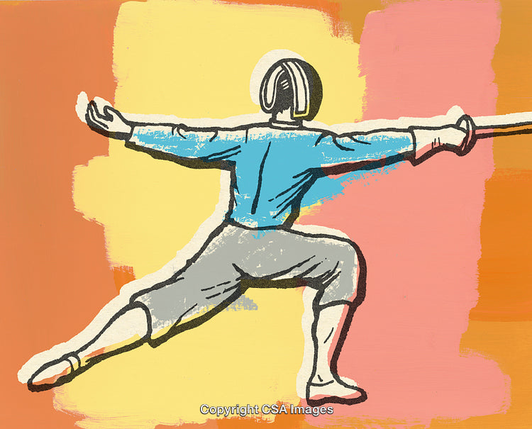 Illustrated Fencer in Action on Vibrant Abstract Background