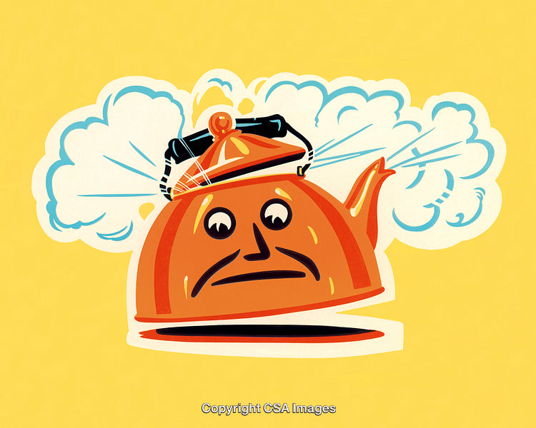 Retro Illustration of Teapot with Face and Steam on Yellow Background