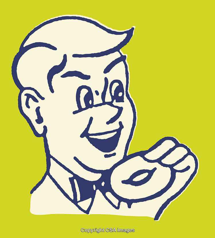 Smiling Cartoon Figure Holding Donut on Bright Background
