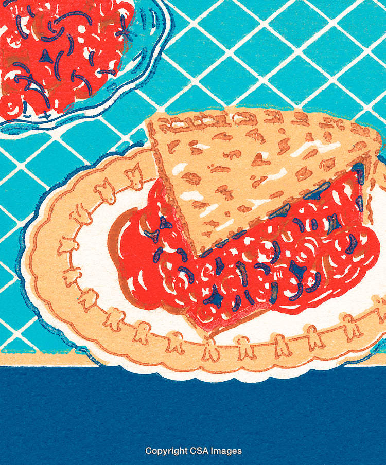 Colorful Illustration of Cherry Pie Slice On a Table With a Plate