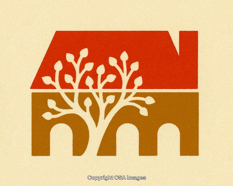 Stylized Home Silhouette with Nature-Inspired Tree and Organic Colors