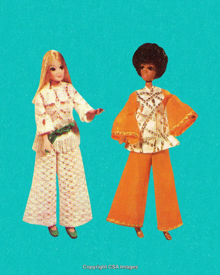 Retro Style Barbie Dolls In 70s Fashion on a Vibrant Cyan Background