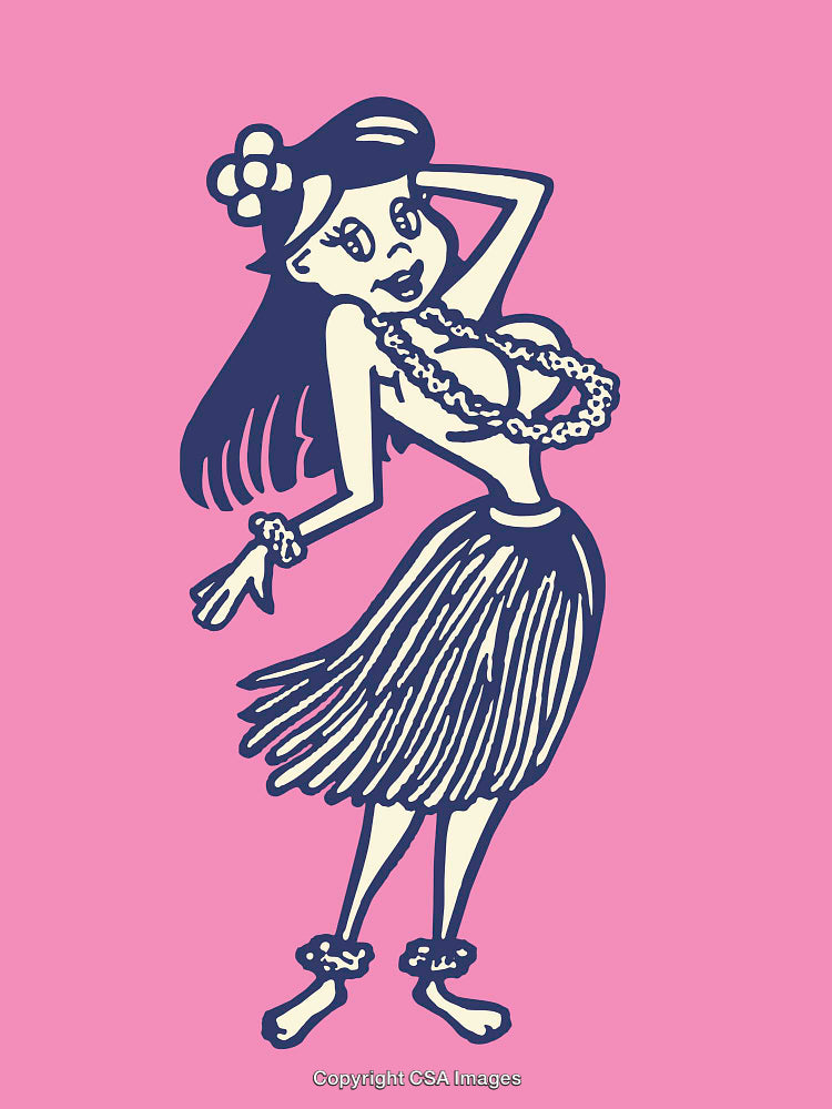 Colorful Retro Hawaiian Dancer Illustration on Pink Background