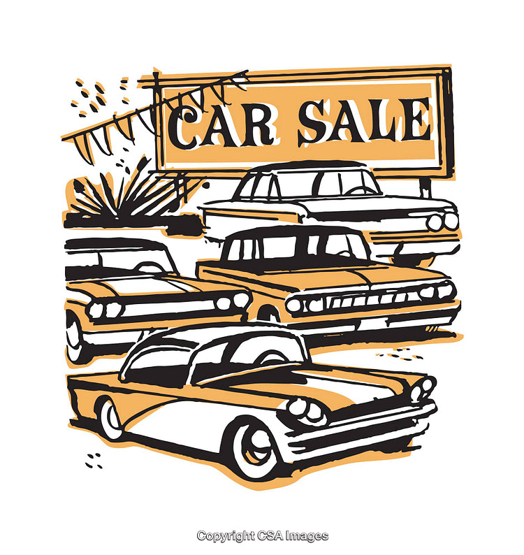 Retro Styled Car Sale Advertisement Featuring Vintage Vehicles and Signage