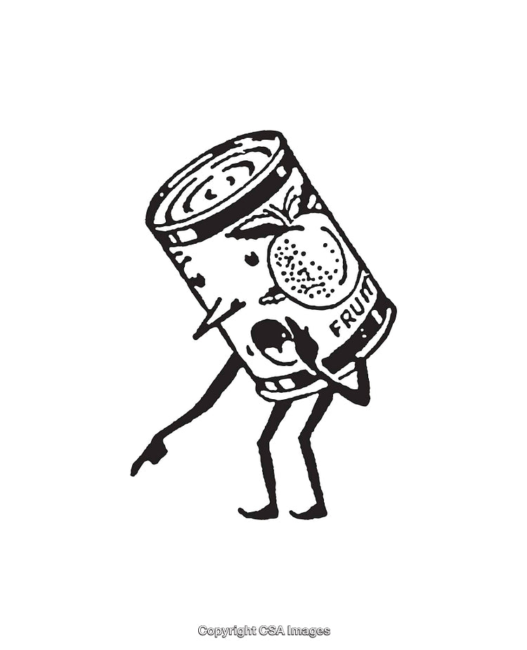 Whimsical Illustration of a Walking Can of Fruit in Black and White