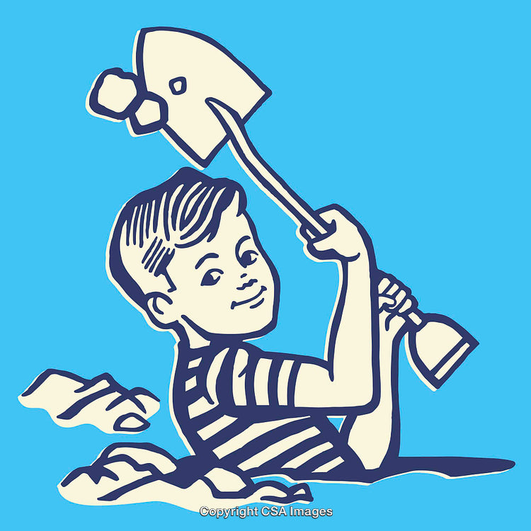 Retro Artwork of a Child Playing with a Shovel in Blue Tones