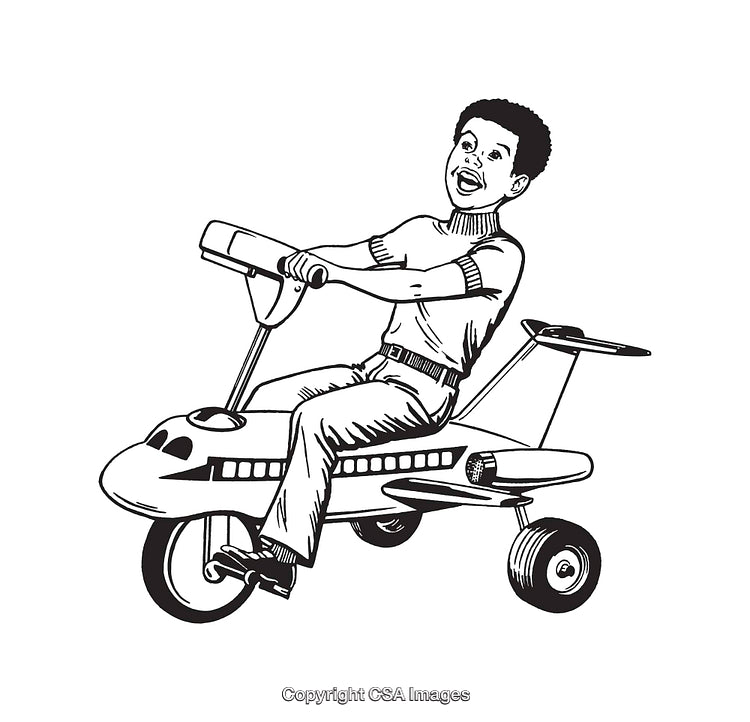 Child Joyfully Riding a Pedal Airplane in Line Art Style