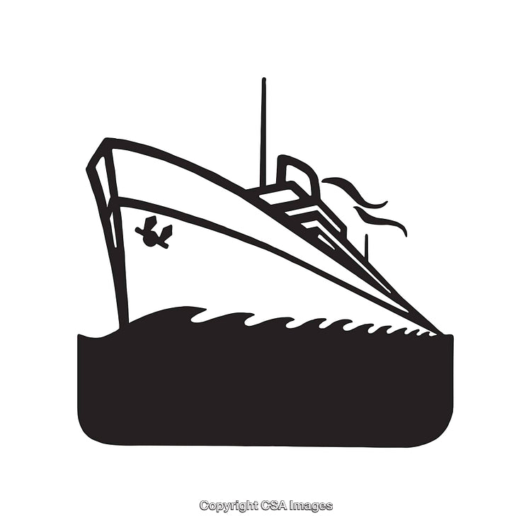 Black and White Line Art Illustration of a Ship on Water