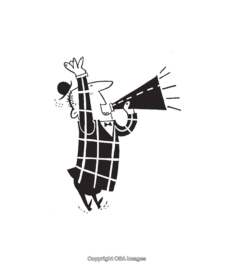 Black and White Line Art of a Character with Megaphone Gesturing Enthusiastically