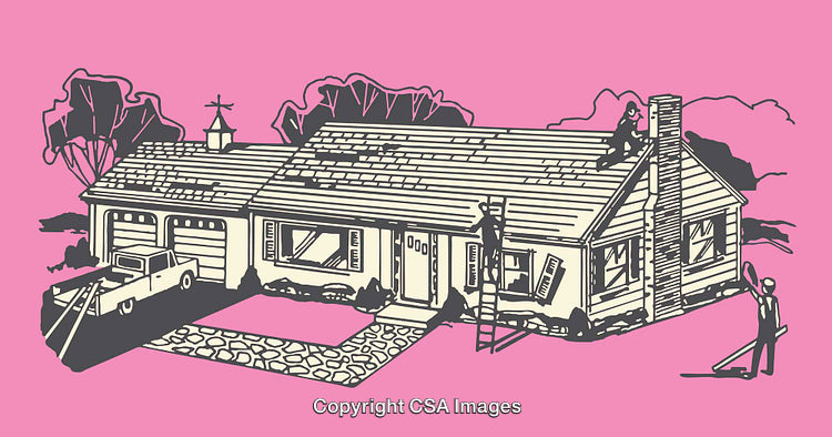 Vintage Line Art Illustration of a Suburban Home Maintenance Scene