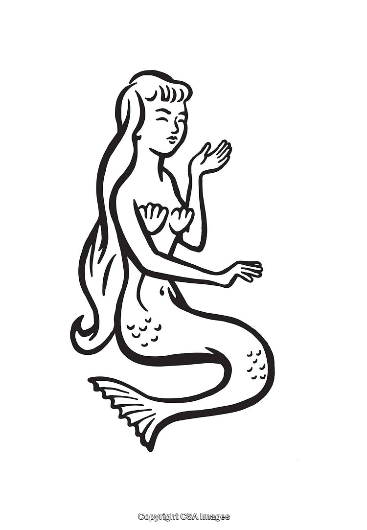 Stylized Black and White Line Art Illustration of a Mermaid