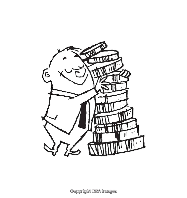 Black and White Cartoon of a Smiling Man Embracing a Tall Coin Stack