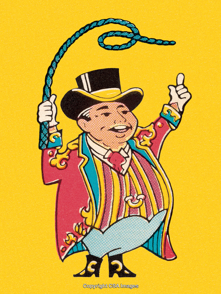 Colorful Cartoon Character in Vibrant Circus Attire Holding a Whip