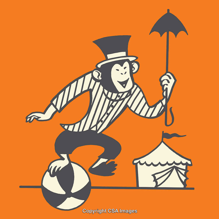 Playful Monkey Balancing Act With Circus Theme in Line Art Style