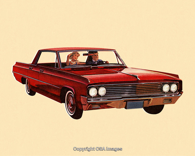 Vintage Illustration of a Couple Driving a Classic Red Sedan