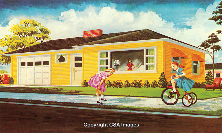 Vintage Suburban Scene of Children Playing Outside a Yellow House