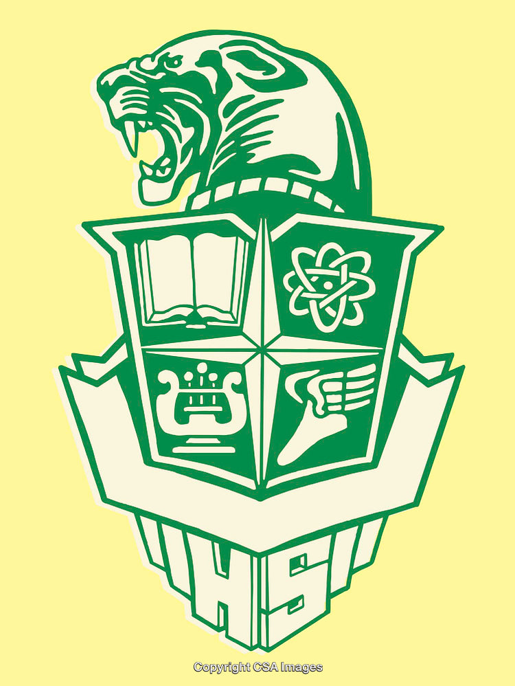 Green and Yellow School Crest Illustration with Panther Motif