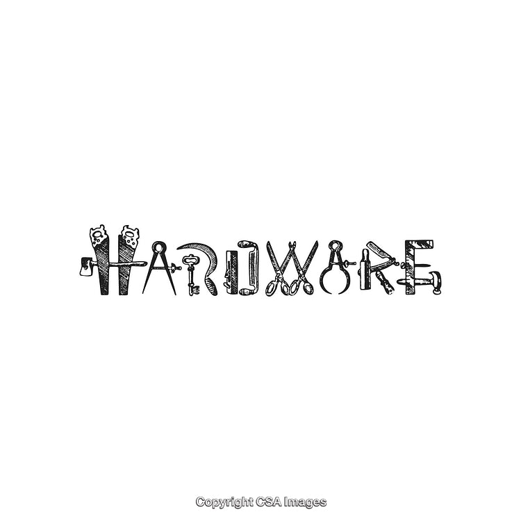 Creative Hardware Tools Forming Text in Artistic Black and White Design