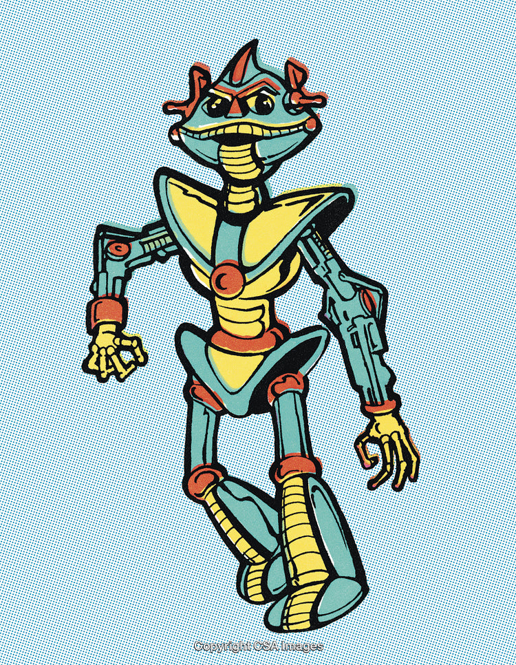 Colorful Comic Style Robot Illustration in a Retro Futuristic Design