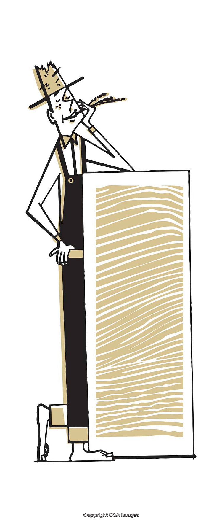 Illustration of a Farmer with a Wheat Stalk Leaning on a Rectangular Panel