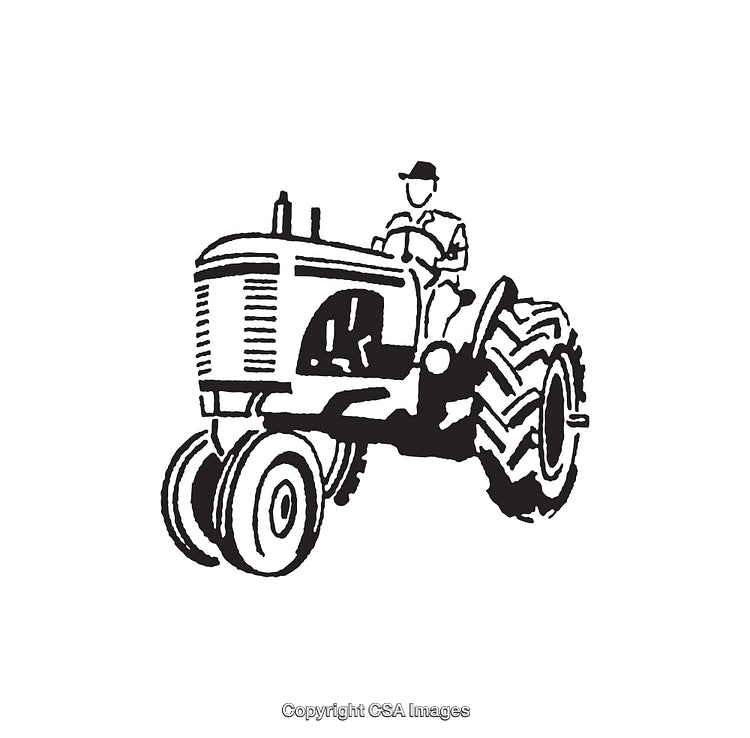 Vintage Farmer Driving a Tractor in Black and White Line Art