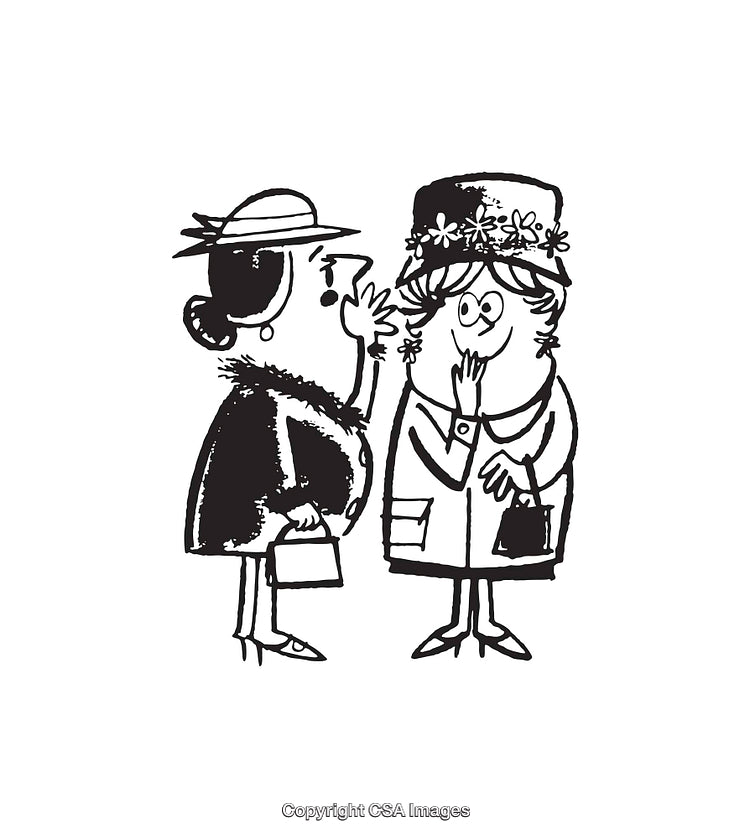 Black And White Illustration of Two Women Whispering and Laughing Together