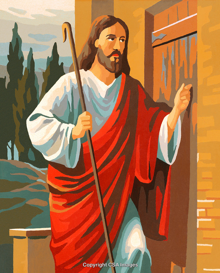 Illustration of Jesus Knocking on a Door in Paint-by-Numbers Style