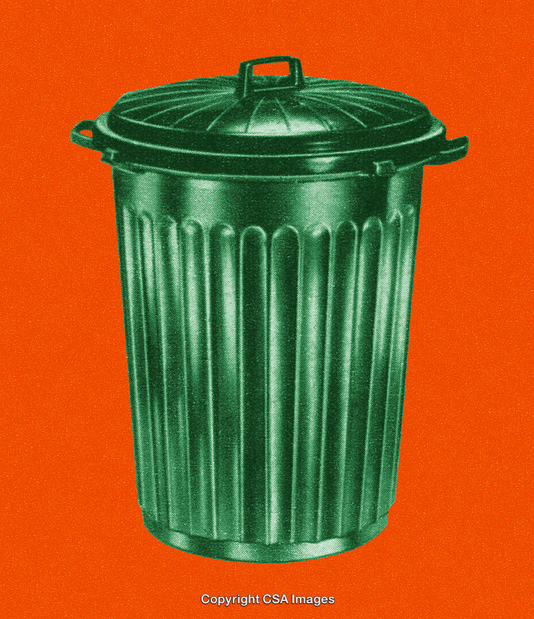 Retro Stylized Green Trash Can on a Vibrant Orange Background