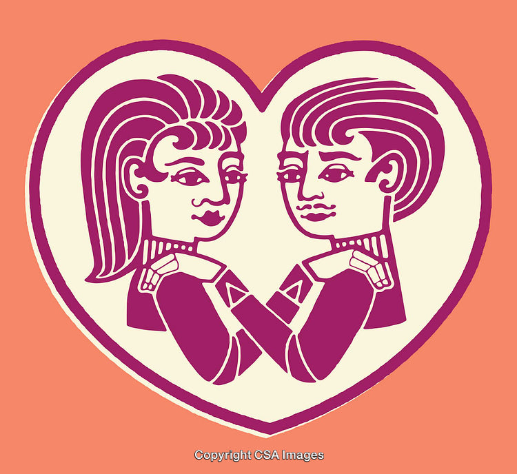 Retro Styled Coupled Figures in Heart Shape Line Art Illustration