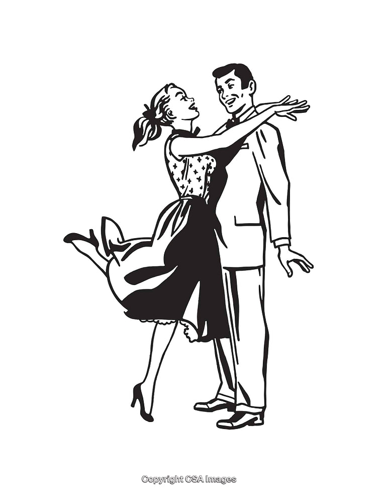 Retro Couple in Black and White Line Art Embracing Elegantly