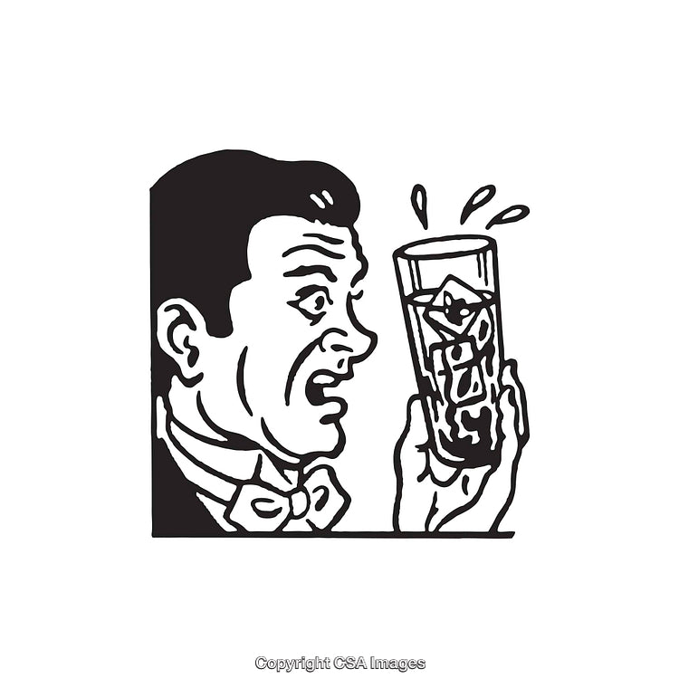 Retro Black And White Illustration of Shocked Man Holding Ice Water