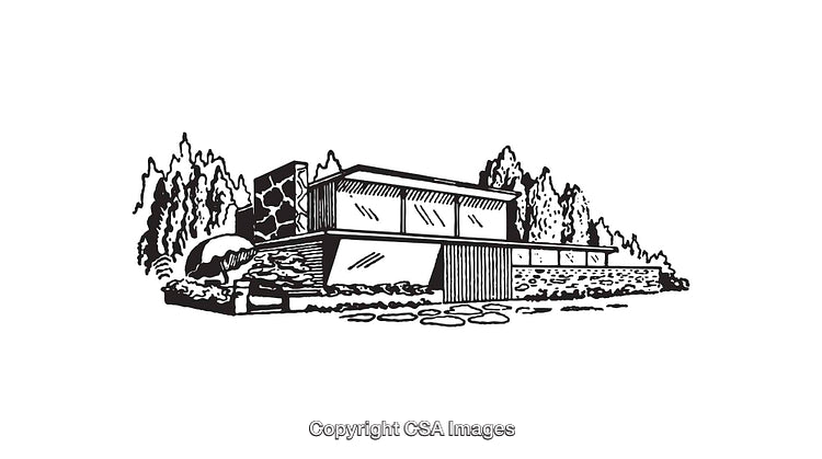 Black And White Line Art Illustration Of A Modern House With Trees