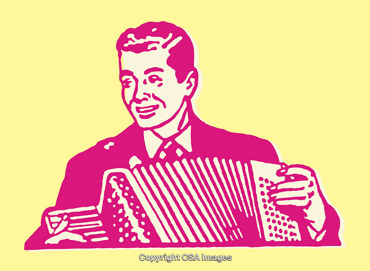Stylized Illustration of a Man Playing an Accordion in Bold Colors