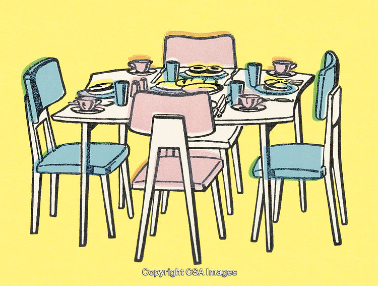 Illustrated Table Set With Dishes, Chairs, and Bright Background