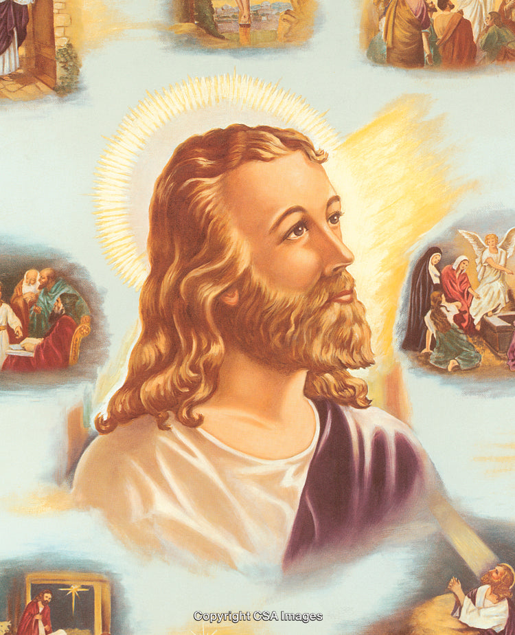 Portrait of Spiritual Figure Surrounded by Religious Symbolism and Holy Scenes
